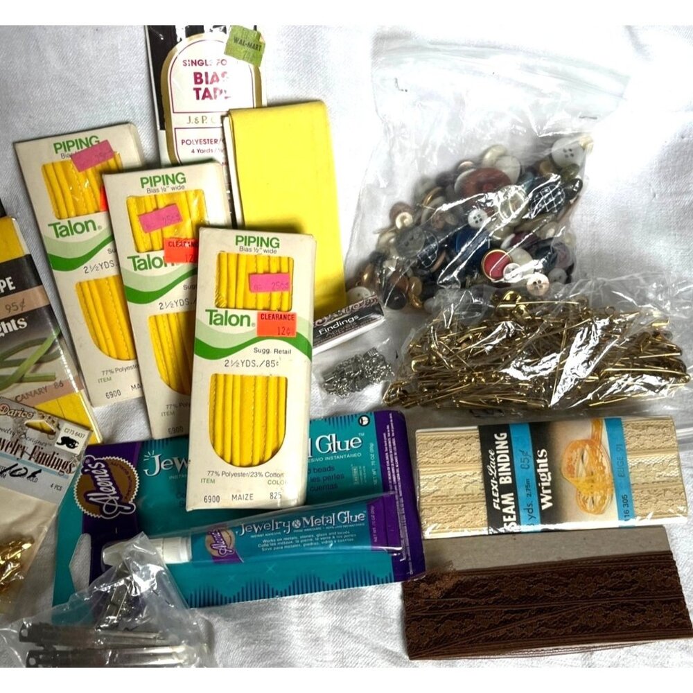 Sewing Craft Lot Supplies Bias Tape Piping Buttons Jewelry Vintage Seamstress